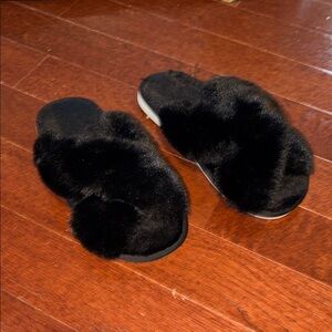 Black Furry Slide Slippers, perfect for bridal